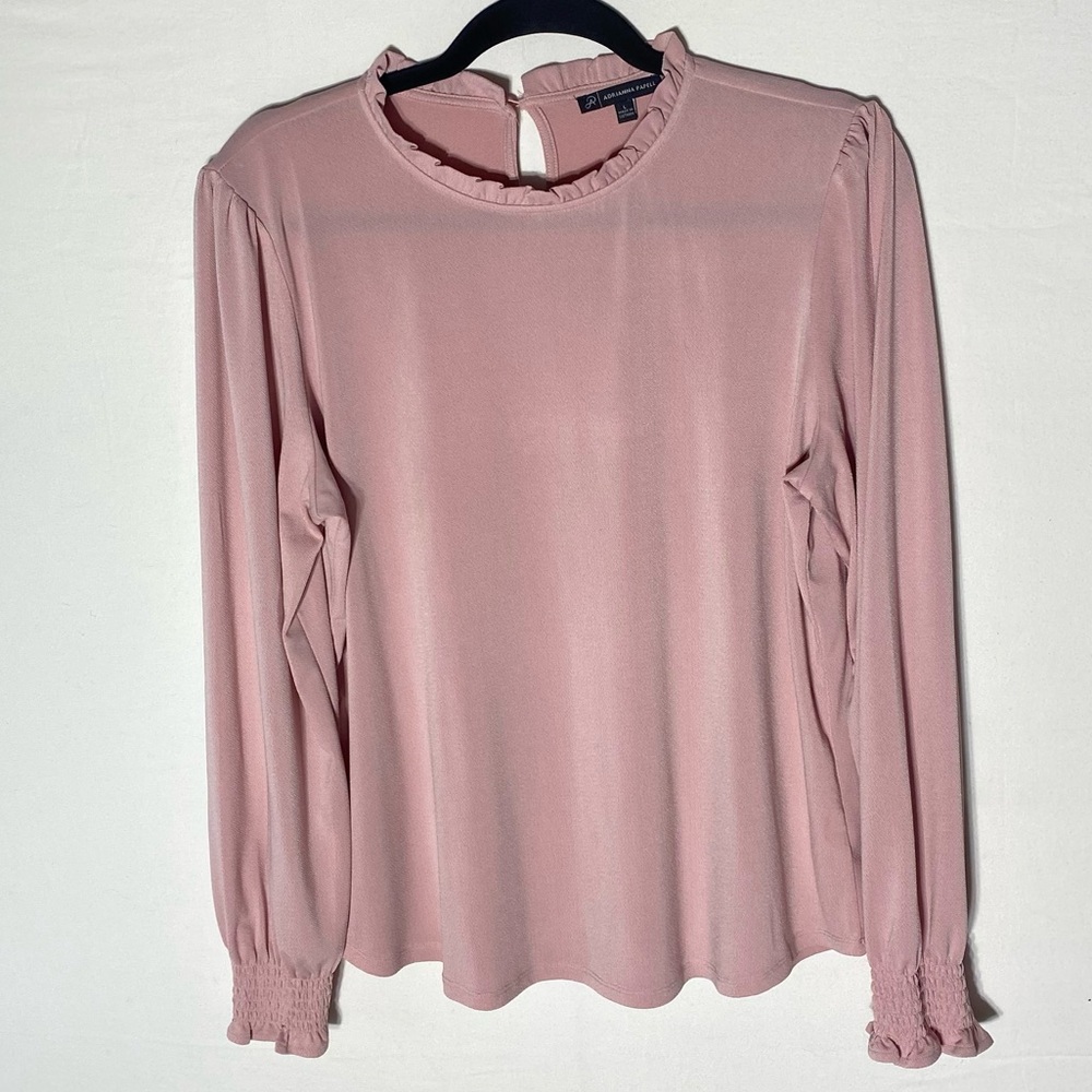 Adrianna Papell Light Pink Long Sleeve Blouse W Ruffle Trim & Smocked Cuffs L
